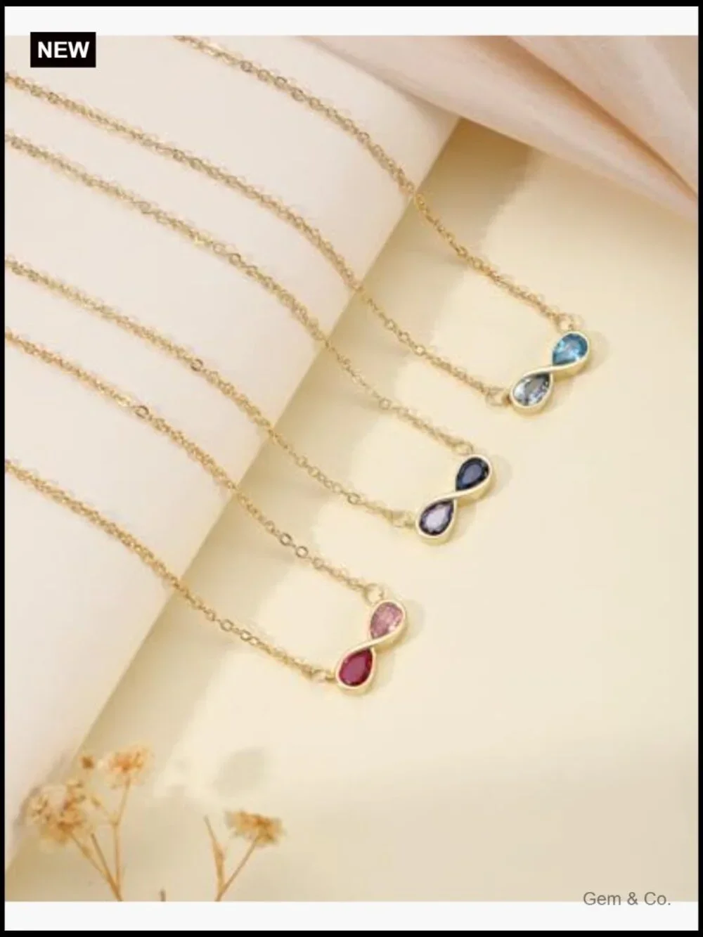 Gold Birthstone Pendant Necklace Dainty Infinity Double Birthstones 16 inch